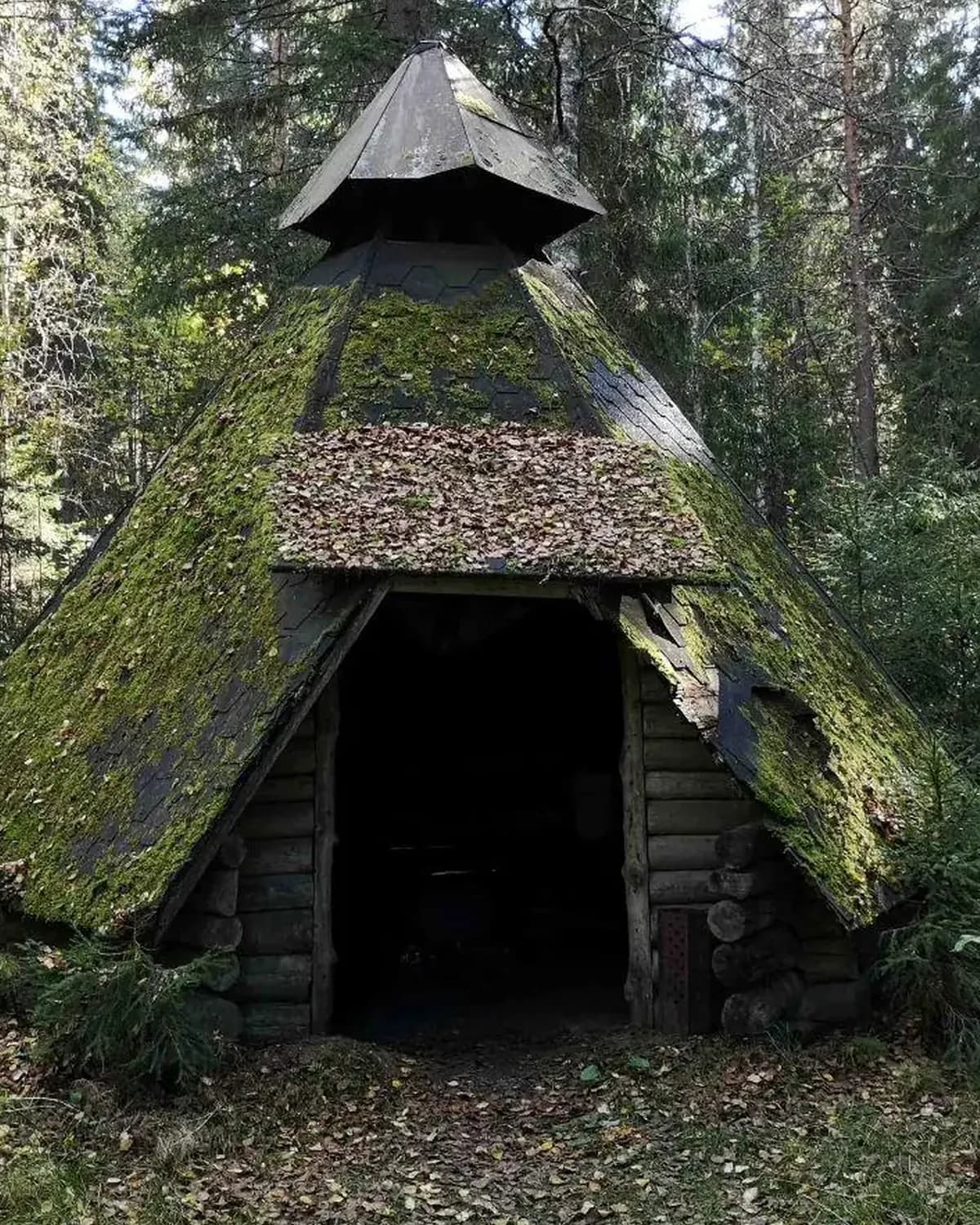 Kota ennen kunnostusta: sammaloitunut huopakatto ja harjalla savuaukon suojus