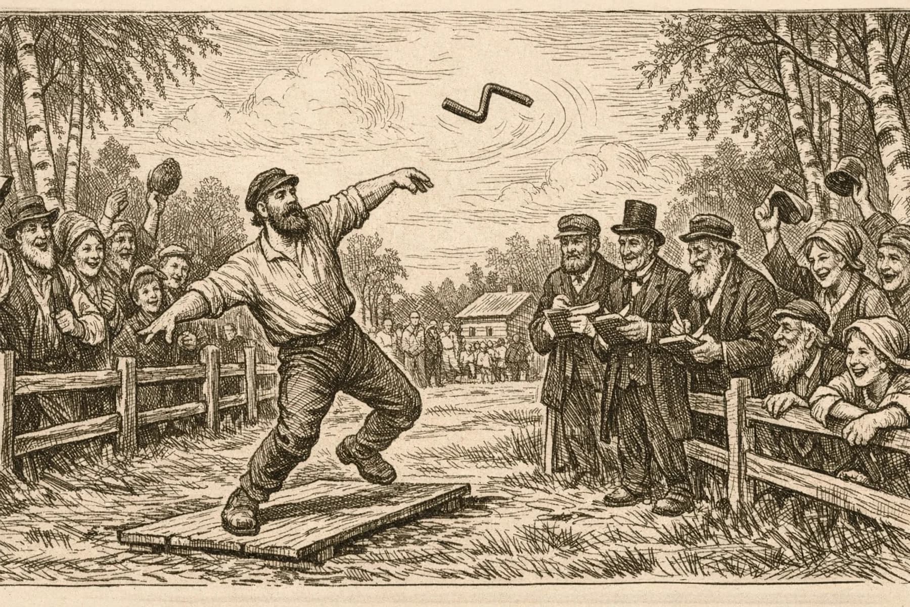 Veivinheiton MM-kilpailut kesäpäivänä: heittäjä kesken suorituksensa, yleisöä ja tuomareita katsomassa