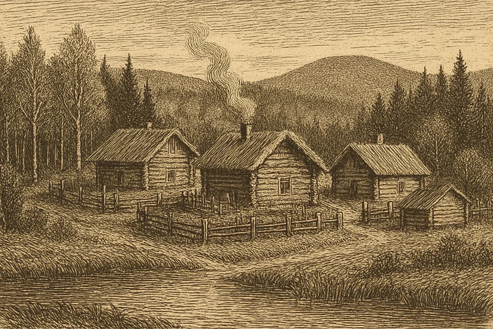 Pieni 1600-luvun kyläraitti kolmine puutaloineen joenrannalla