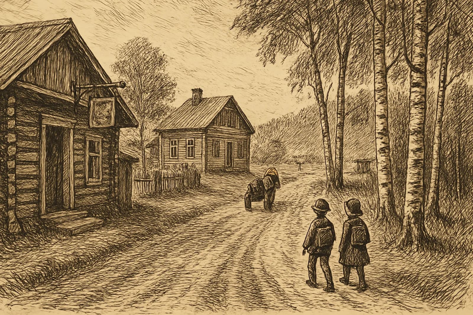 1950-luvun kyläraitti puukauppoineen ja hevoskärryineen