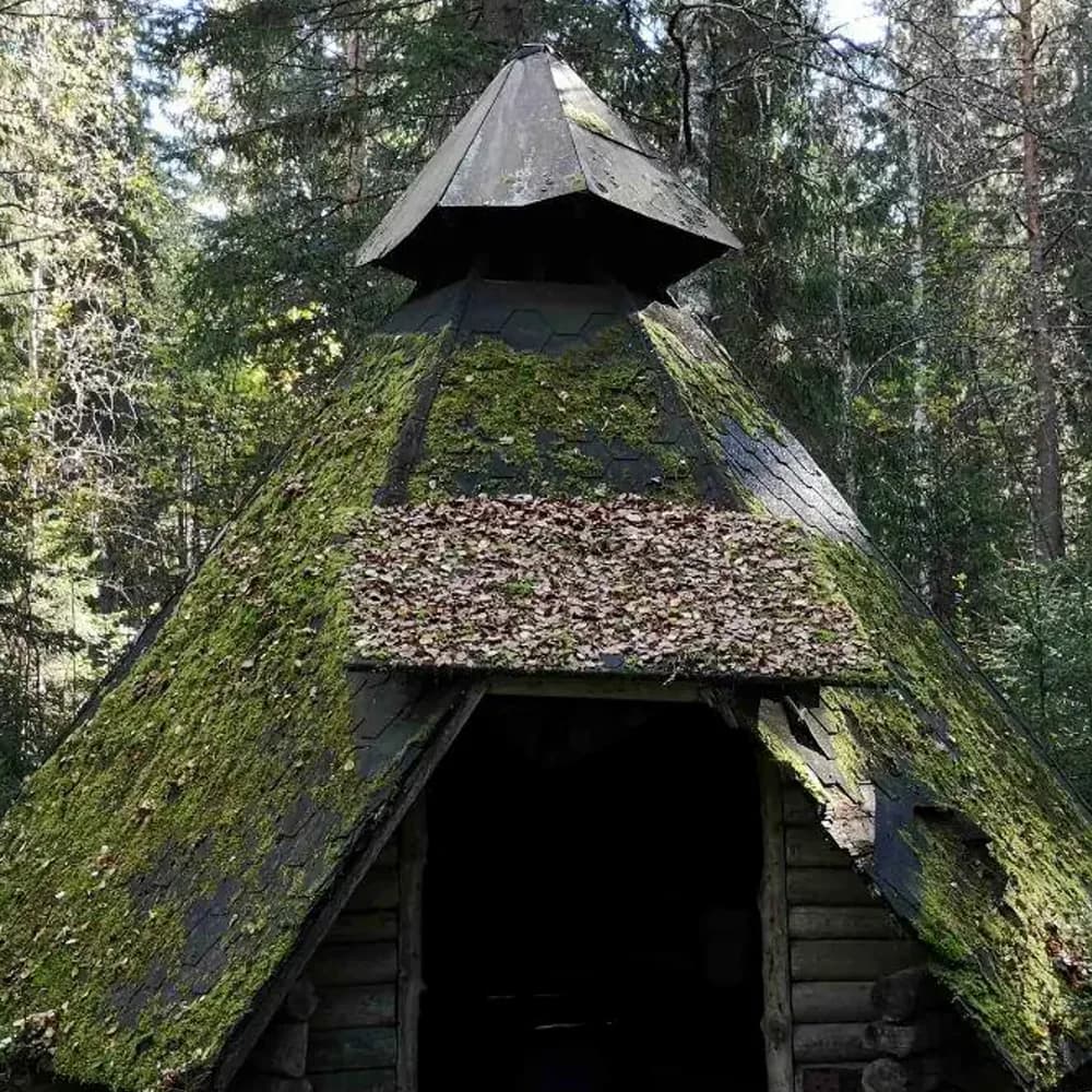 Kota ennen kunnostusta: sammaloitunut huopakatto ja savuaukon suojus paikallaan