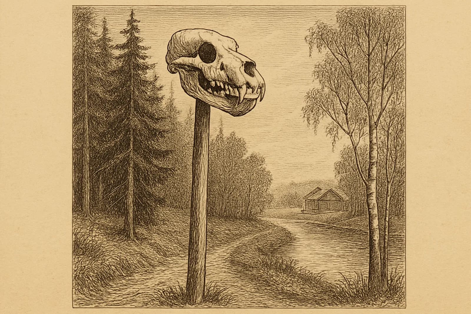 Karhunkallo korkean seipään nenässä joenrantapolun varrella kylän maamerkkinä