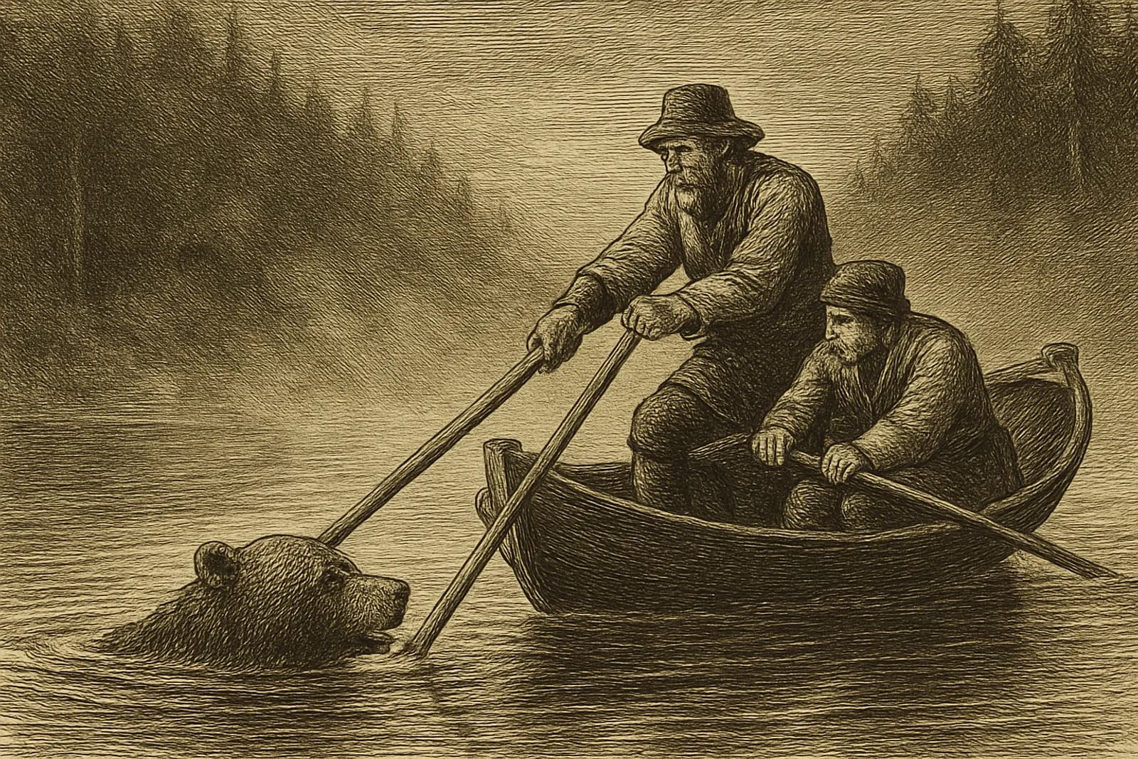 Kaksi soutumiestä hukuttaa uivaa karhua airoillaan sumuisella joella